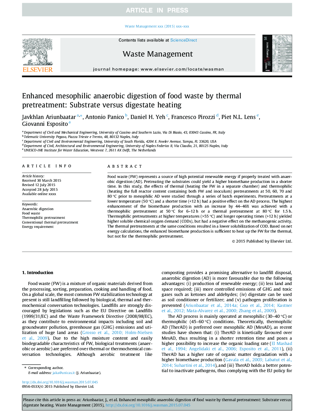 Enhanced mesophilic anaerobic digestion of food waste by thermal pretreatment: Substrate versus digestate heating