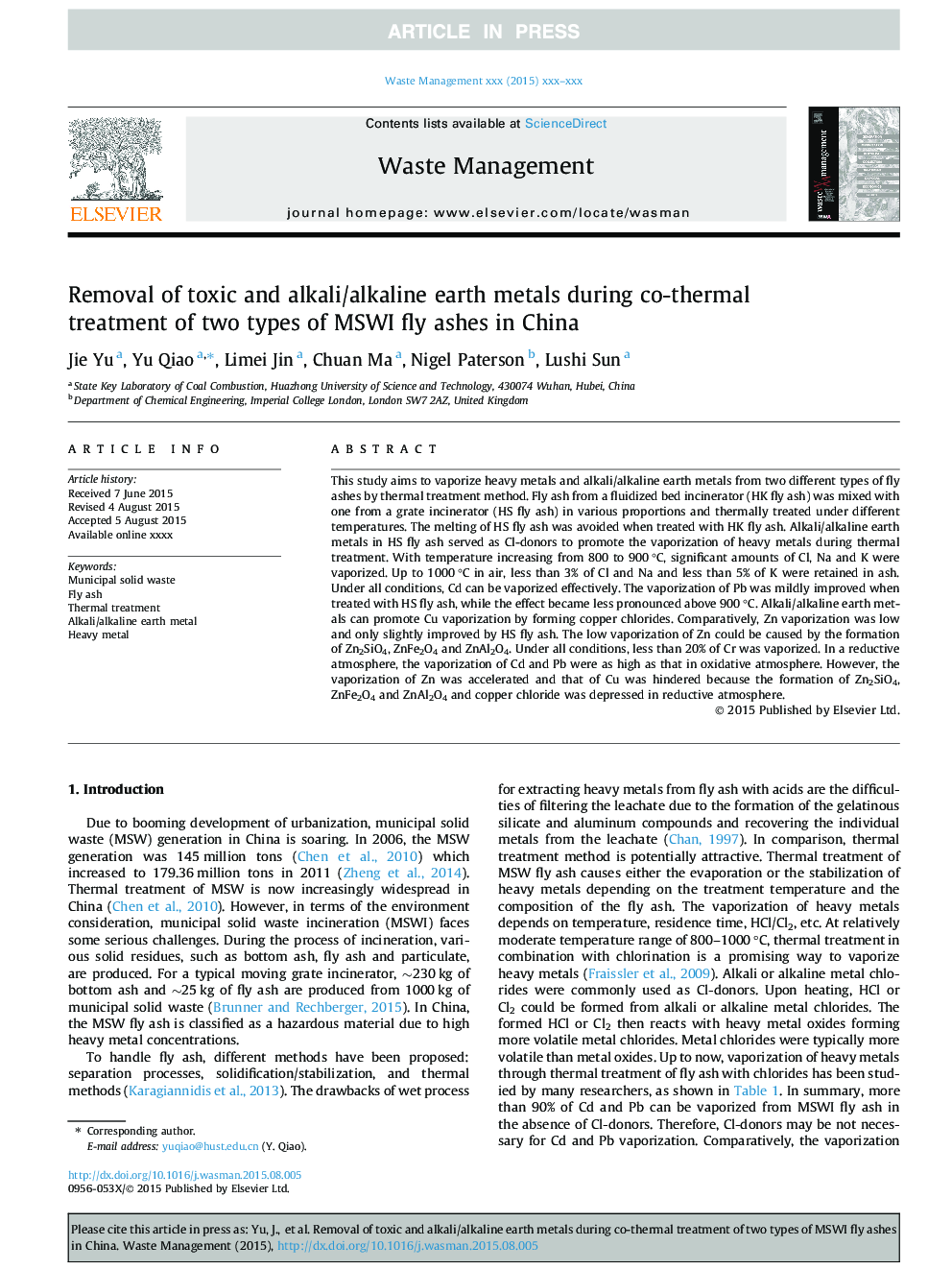 Removal of toxic and alkali/alkaline earth metals during co-thermal treatment of two types of MSWI fly ashes in China