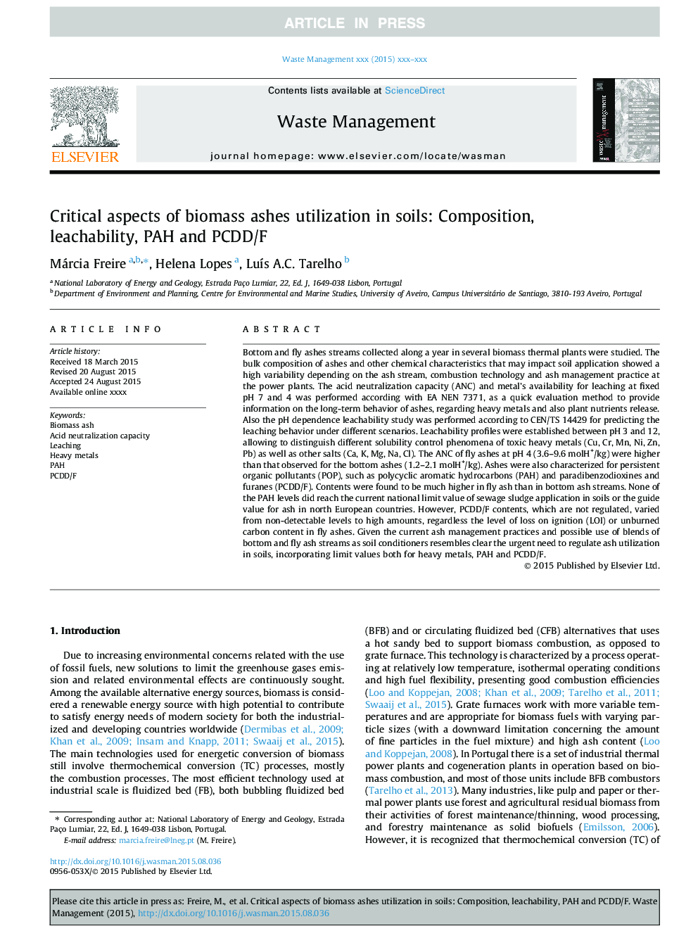 Critical aspects of biomass ashes utilization in soils: Composition, leachability, PAH and PCDD/F