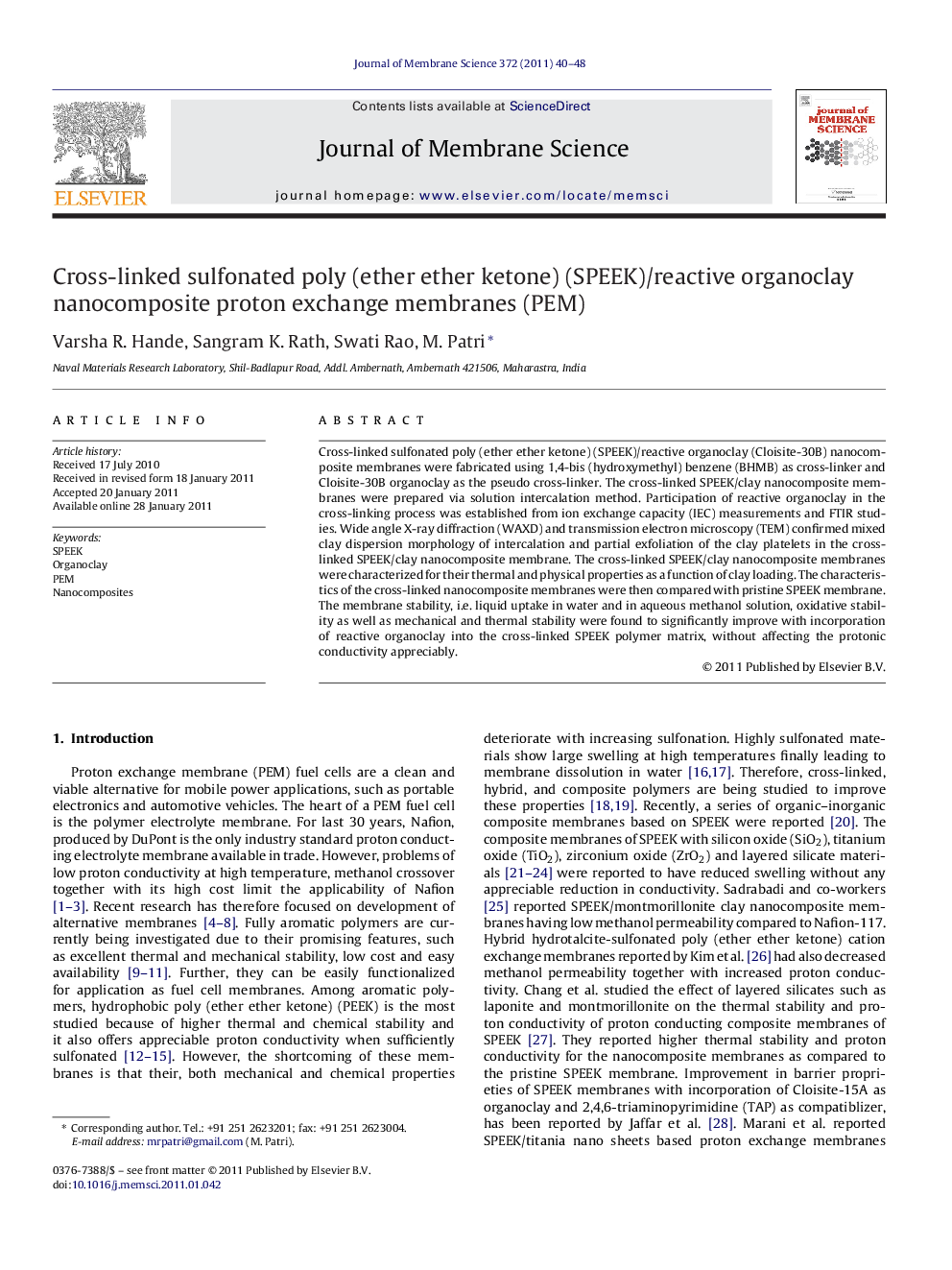 Cross-linked sulfonated poly (ether ether ketone) (SPEEK)/reactive organoclay nanocomposite proton exchange membranes (PEM)