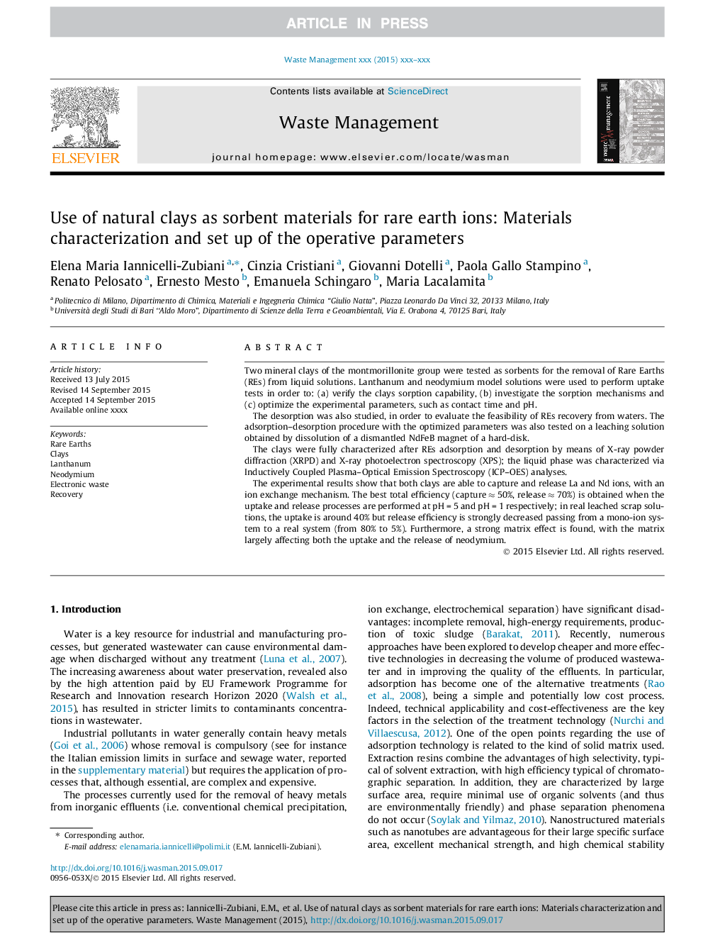 Use of natural clays as sorbent materials for rare earth ions: Materials characterization and set up of the operative parameters