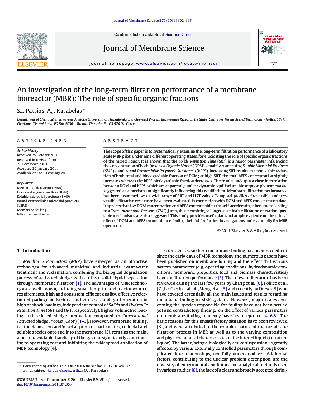 An investigation of the long-term filtration performance of a membrane bioreactor (MBR): The role of specific organic fractions