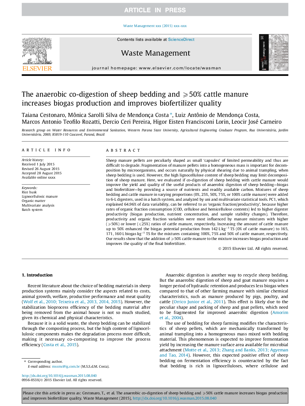 The anaerobic co-digestion of sheep bedding and â©¾50% cattle manure increases biogas production and improves biofertilizer quality