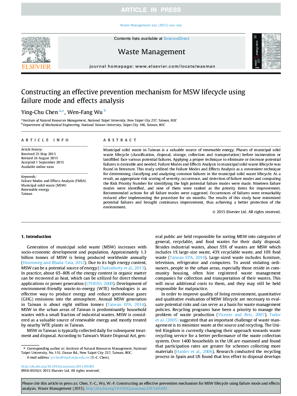 Constructing an effective prevention mechanism for MSW lifecycle using failure mode and effects analysis