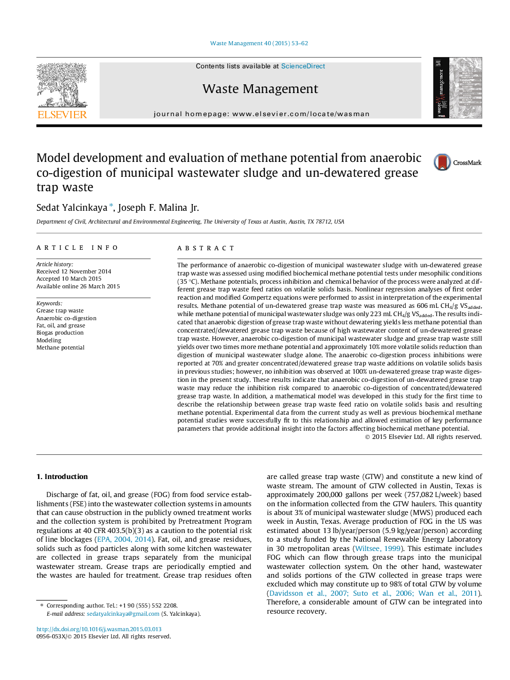 Model development and evaluation of methane potential from anaerobic co-digestion of municipal wastewater sludge and un-dewatered grease trap waste