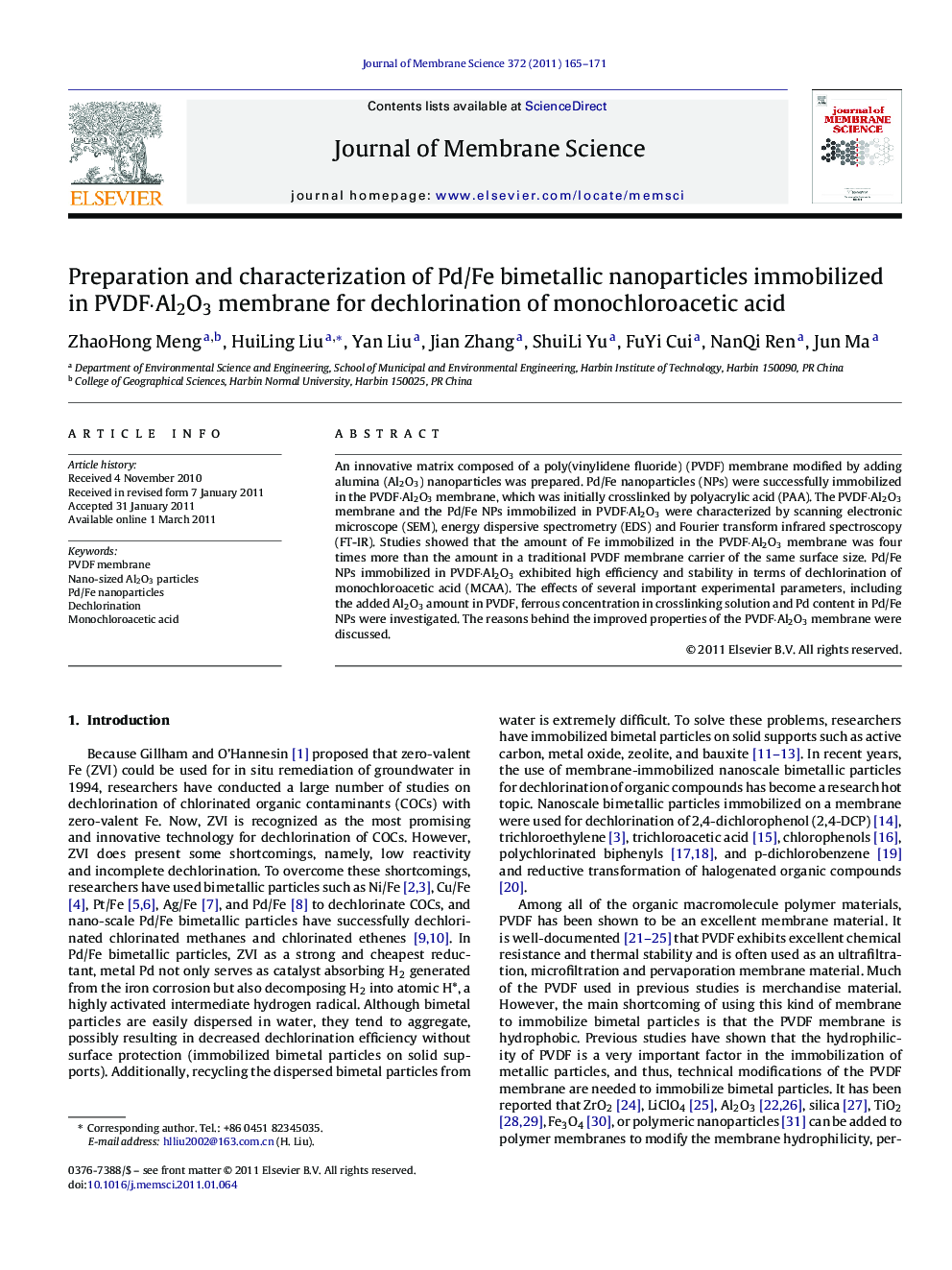 Preparation and characterization of Pd/Fe bimetallic nanoparticles immobilized in PVDF·Al2O3 membrane for dechlorination of monochloroacetic acid