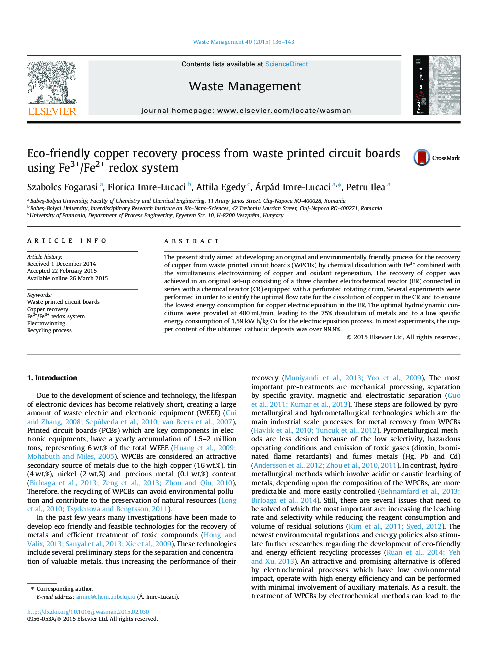 Eco-friendly copper recovery process from waste printed circuit boards using Fe3+/Fe2+ redox system