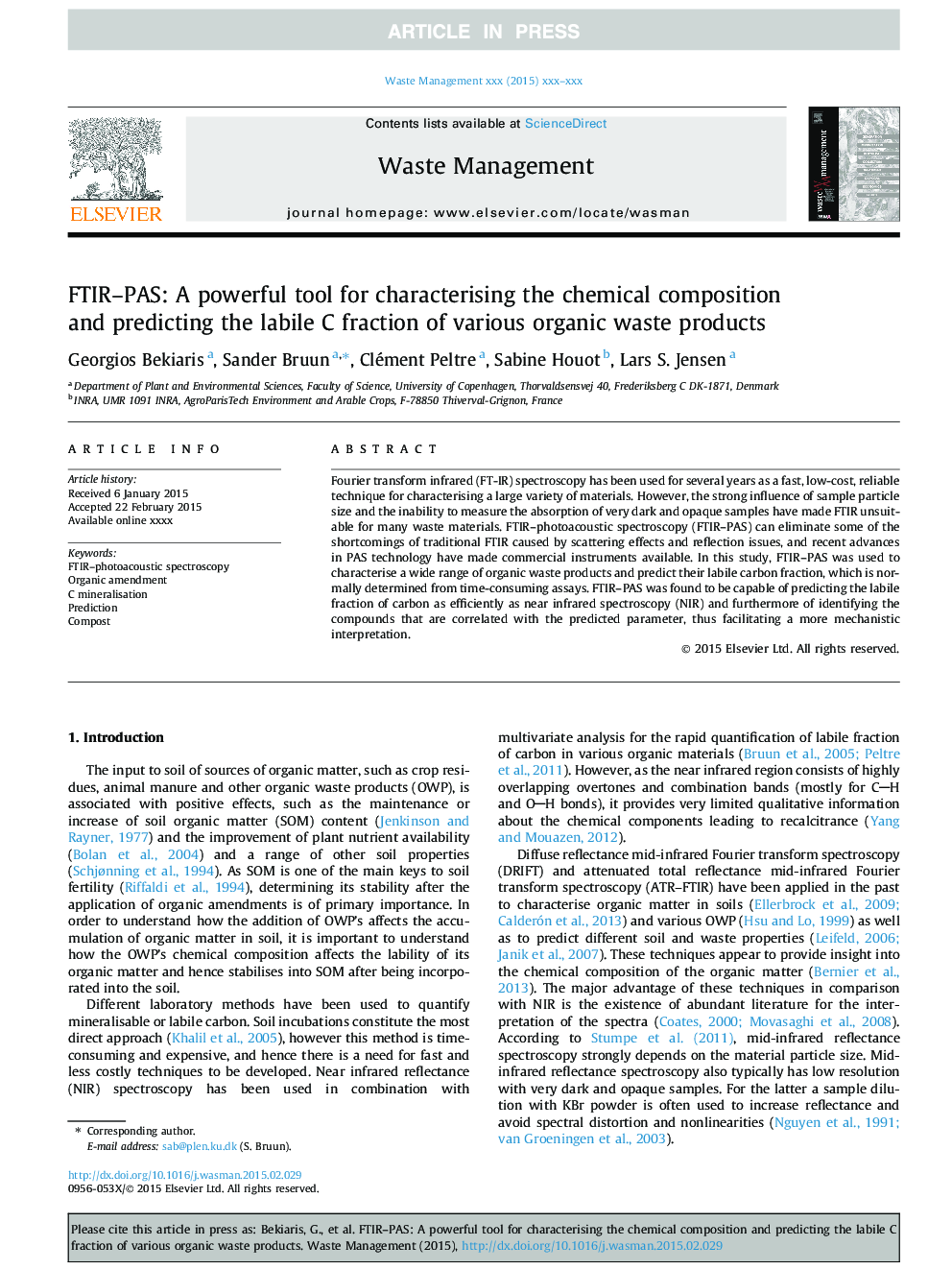 FTIR-PAS: A powerful tool for characterising the chemical composition and predicting the labile C fraction of various organic waste products