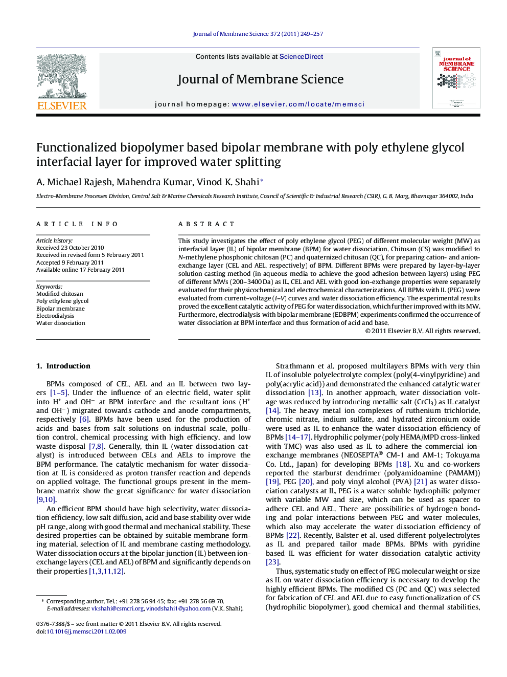 Functionalized biopolymer based bipolar membrane with poly ethylene glycol interfacial layer for improved water splitting