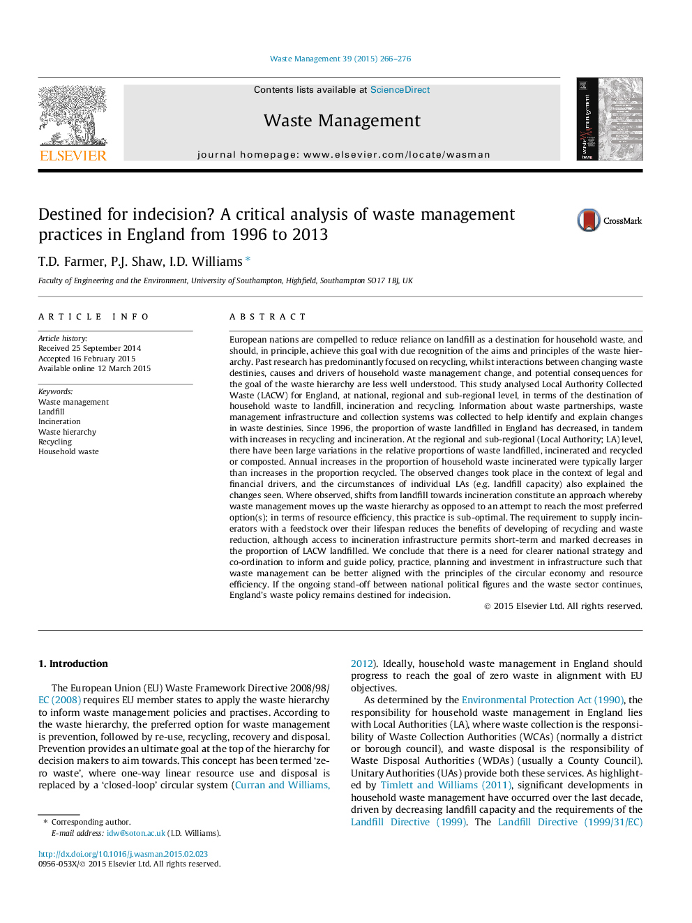 Destined for indecision? A critical analysis of waste management practices in England from 1996 to 2013