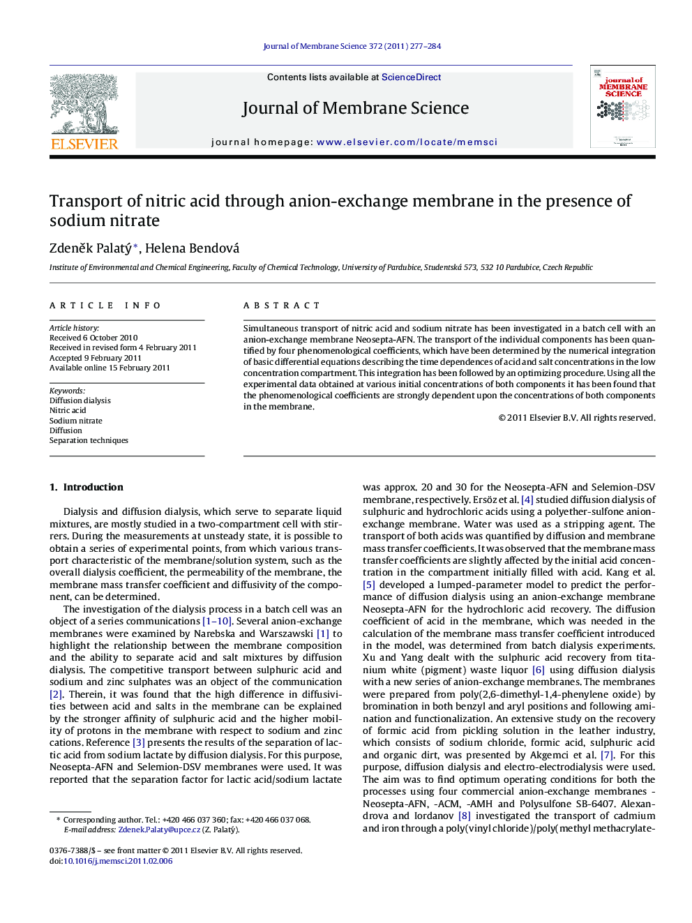 Transport of nitric acid through anion-exchange membrane in the presence of sodium nitrate