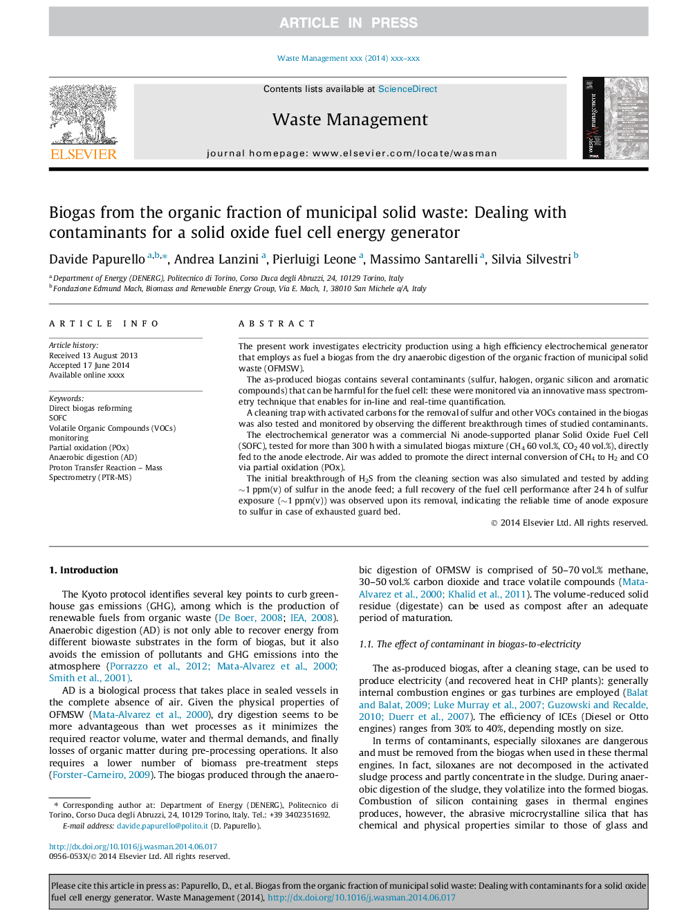 Biogas from the organic fraction of municipal solid waste: Dealing with contaminants for a solid oxide fuel cell energy generator