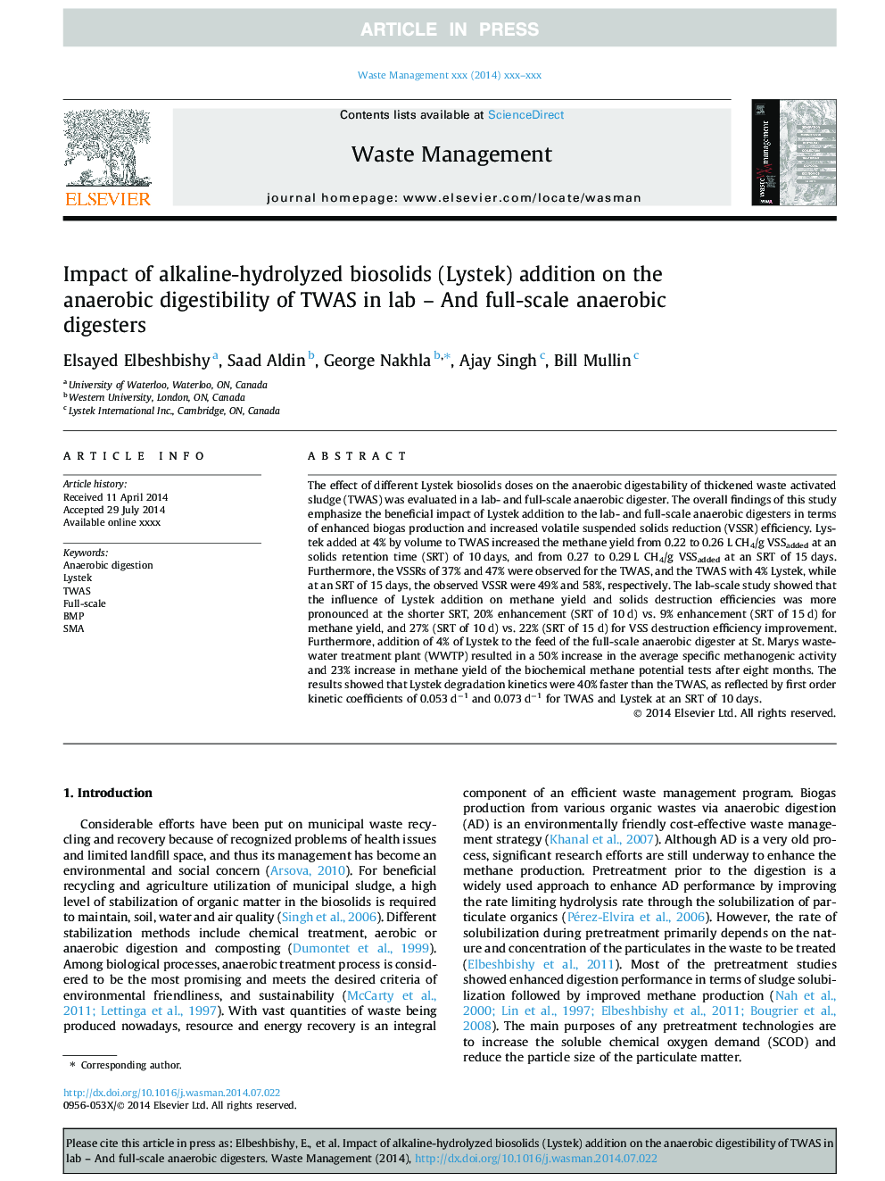 Impact of alkaline-hydrolyzed biosolids (Lystek) addition on the anaerobic digestibility of TWAS in lab - And full-scale anaerobic digesters