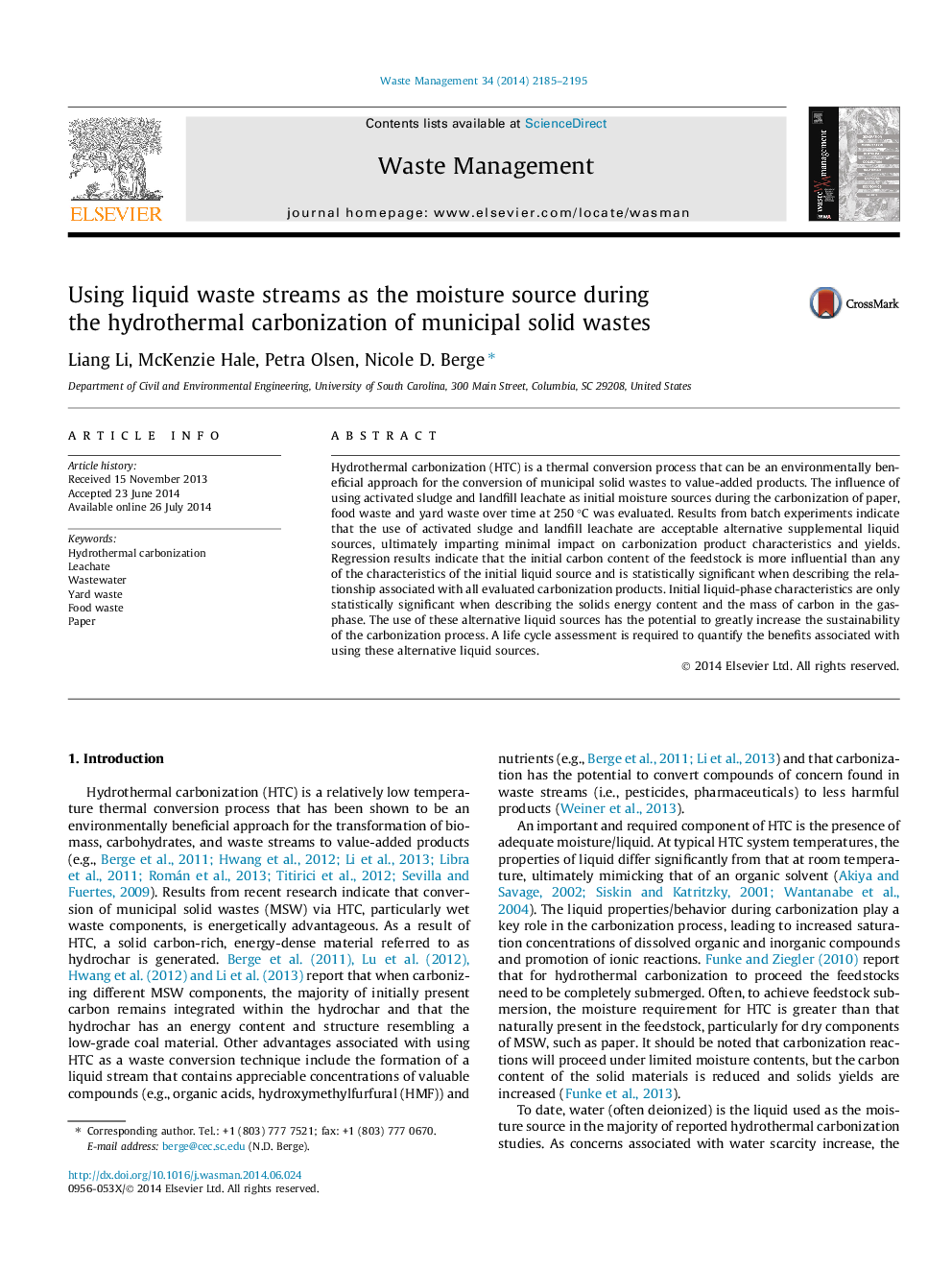 Using liquid waste streams as the moisture source during the hydrothermal carbonization of municipal solid wastes