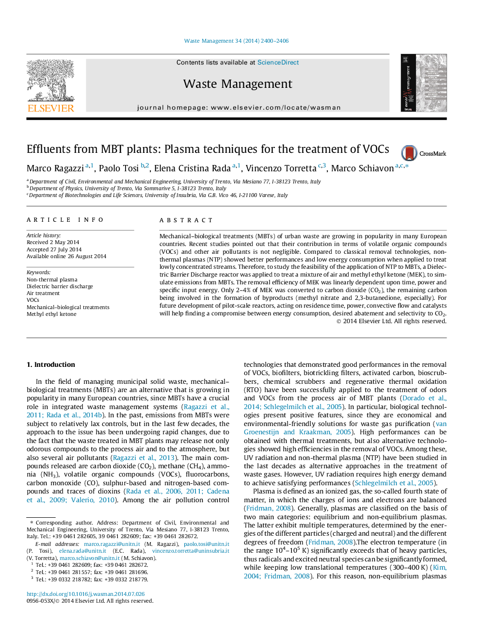 Effluents from MBT plants: Plasma techniques for the treatment of VOCs