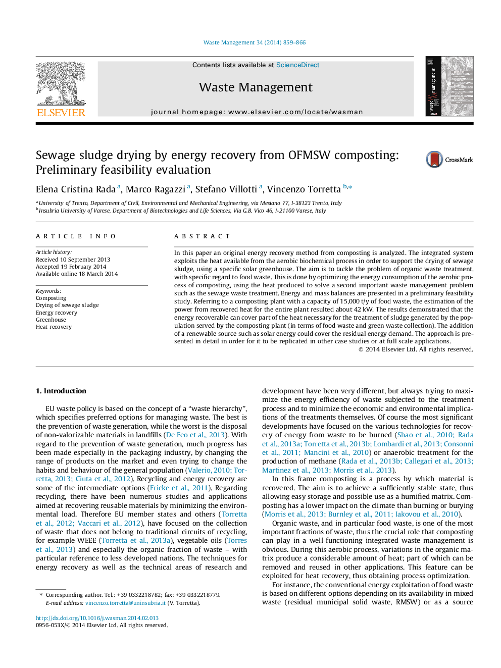 Sewage sludge drying by energy recovery from OFMSW composting: Preliminary feasibility evaluation