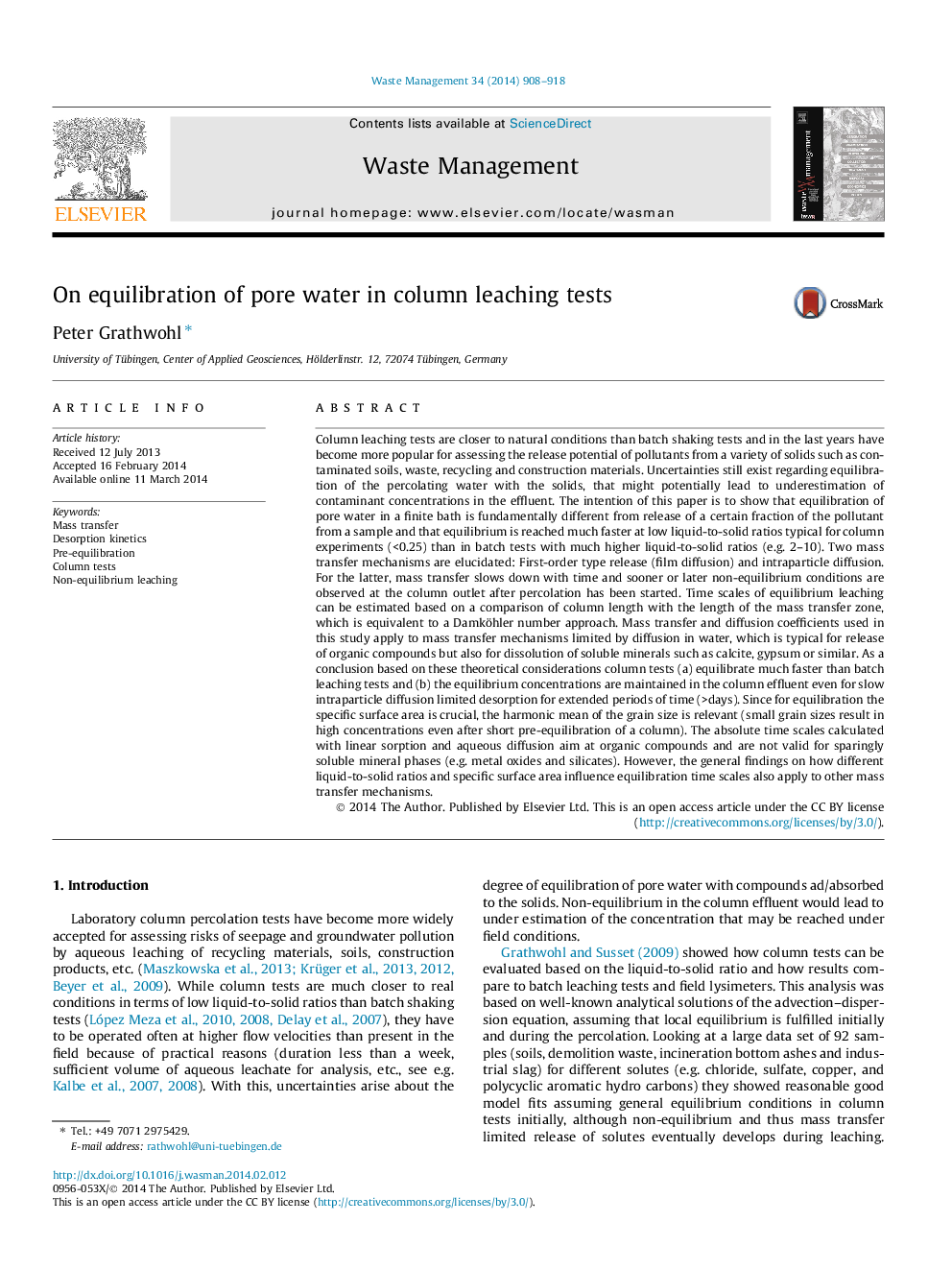 On equilibration of pore water in column leaching tests