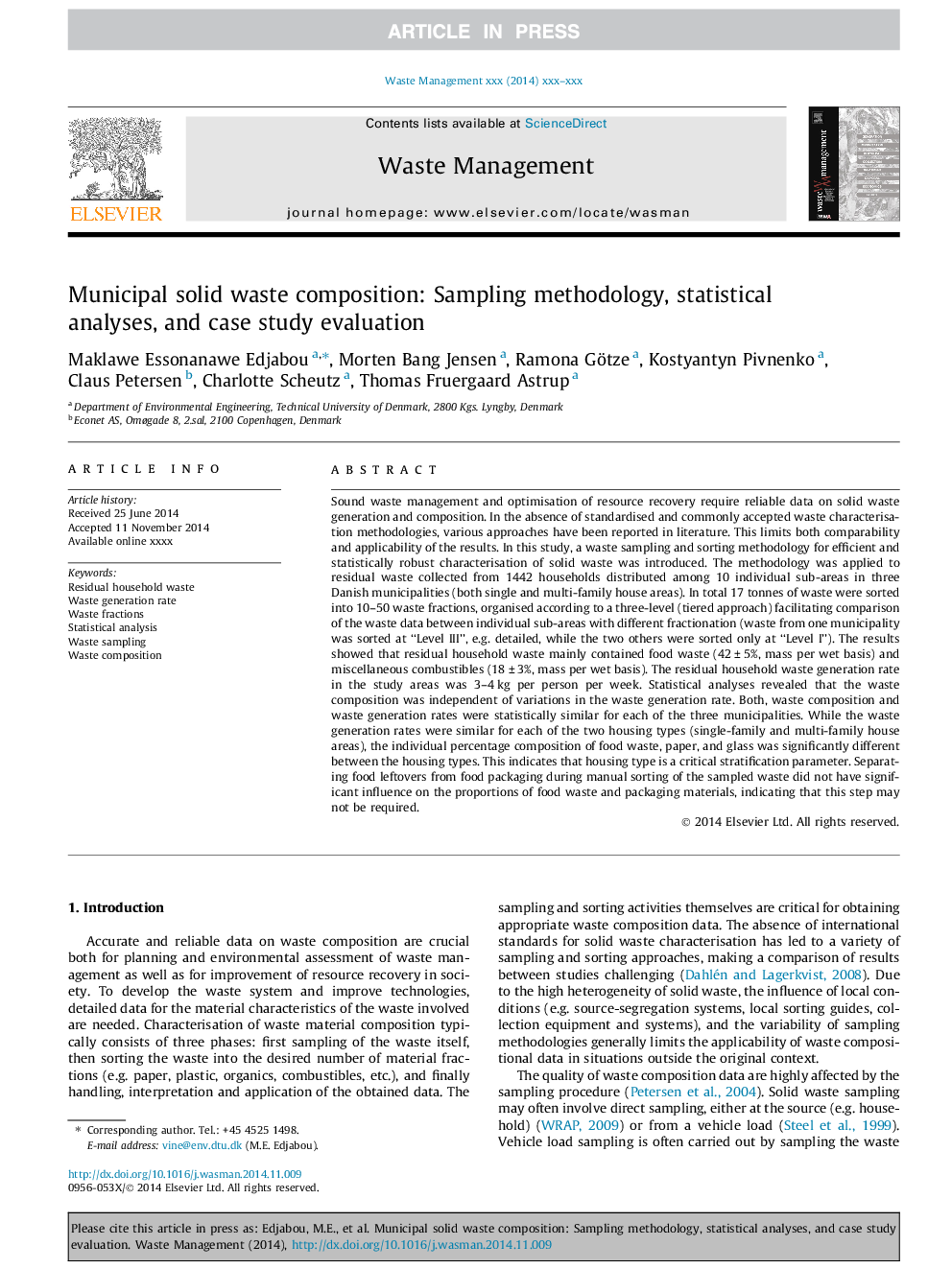 Municipal solid waste composition: Sampling methodology, statistical analyses, and case study evaluation