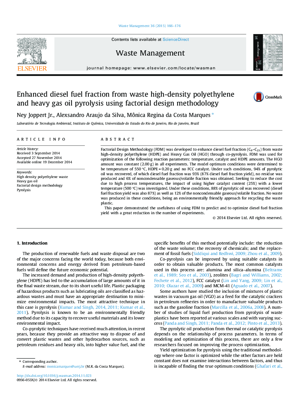 Enhanced diesel fuel fraction from waste high-density polyethylene and heavy gas oil pyrolysis using factorial design methodology