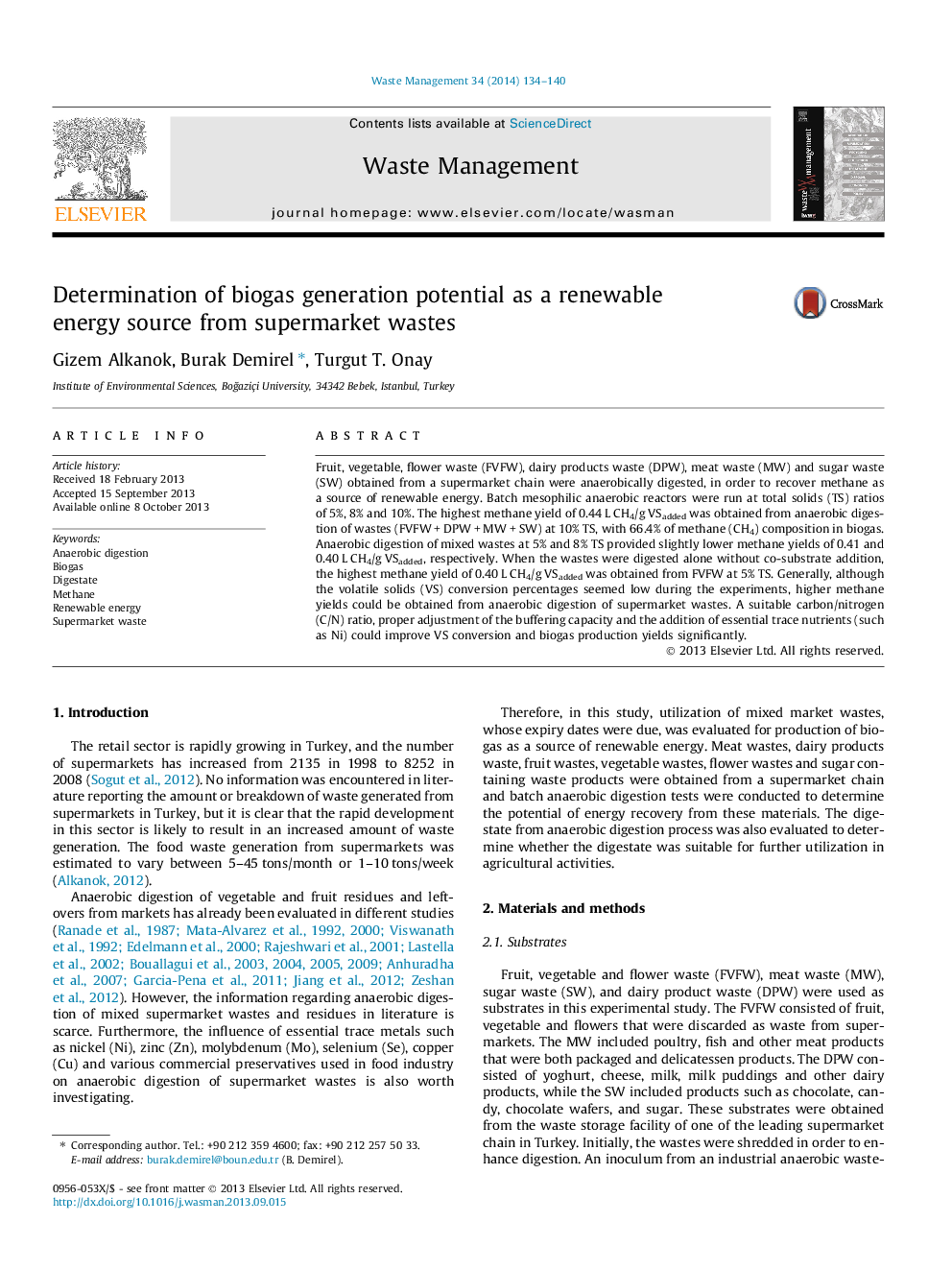 Determination of biogas generation potential as a renewable energy source from supermarket wastes