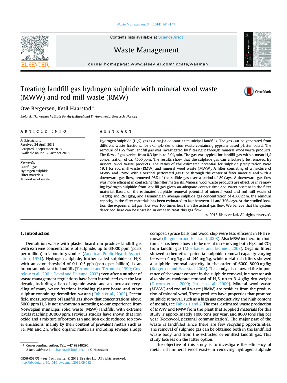 Treating landfill gas hydrogen sulphide with mineral wool waste (MWW) and rod mill waste (RMW)