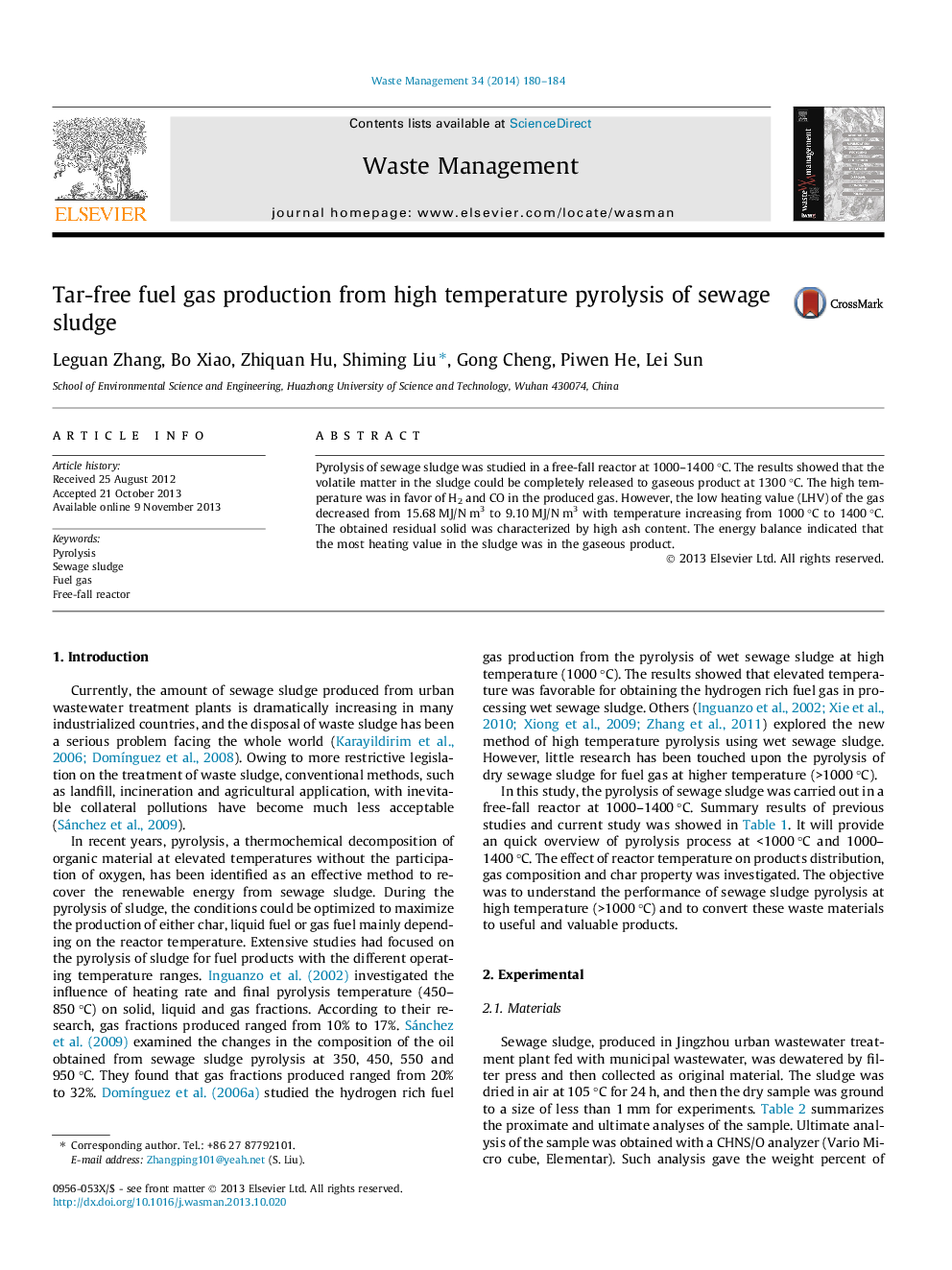 Tar-free fuel gas production from high temperature pyrolysis of sewage sludge