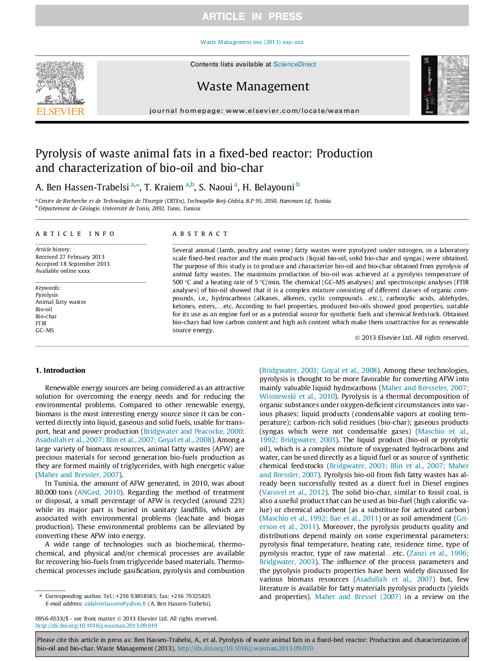 Pyrolysis of waste animal fats in a fixed-bed reactor: Production and characterization of bio-oil and bio-char