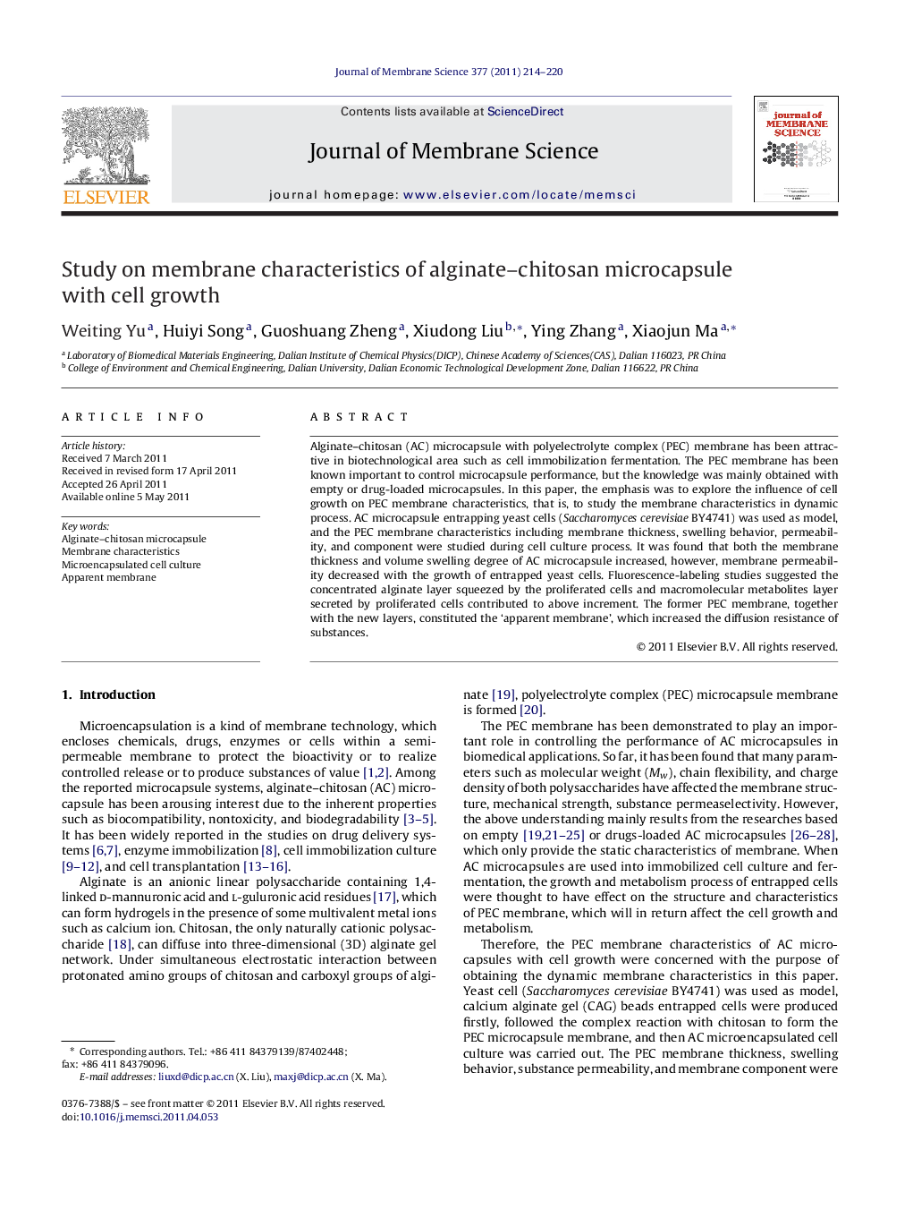 Study on membrane characteristics of alginate-chitosan microcapsule with cell growth