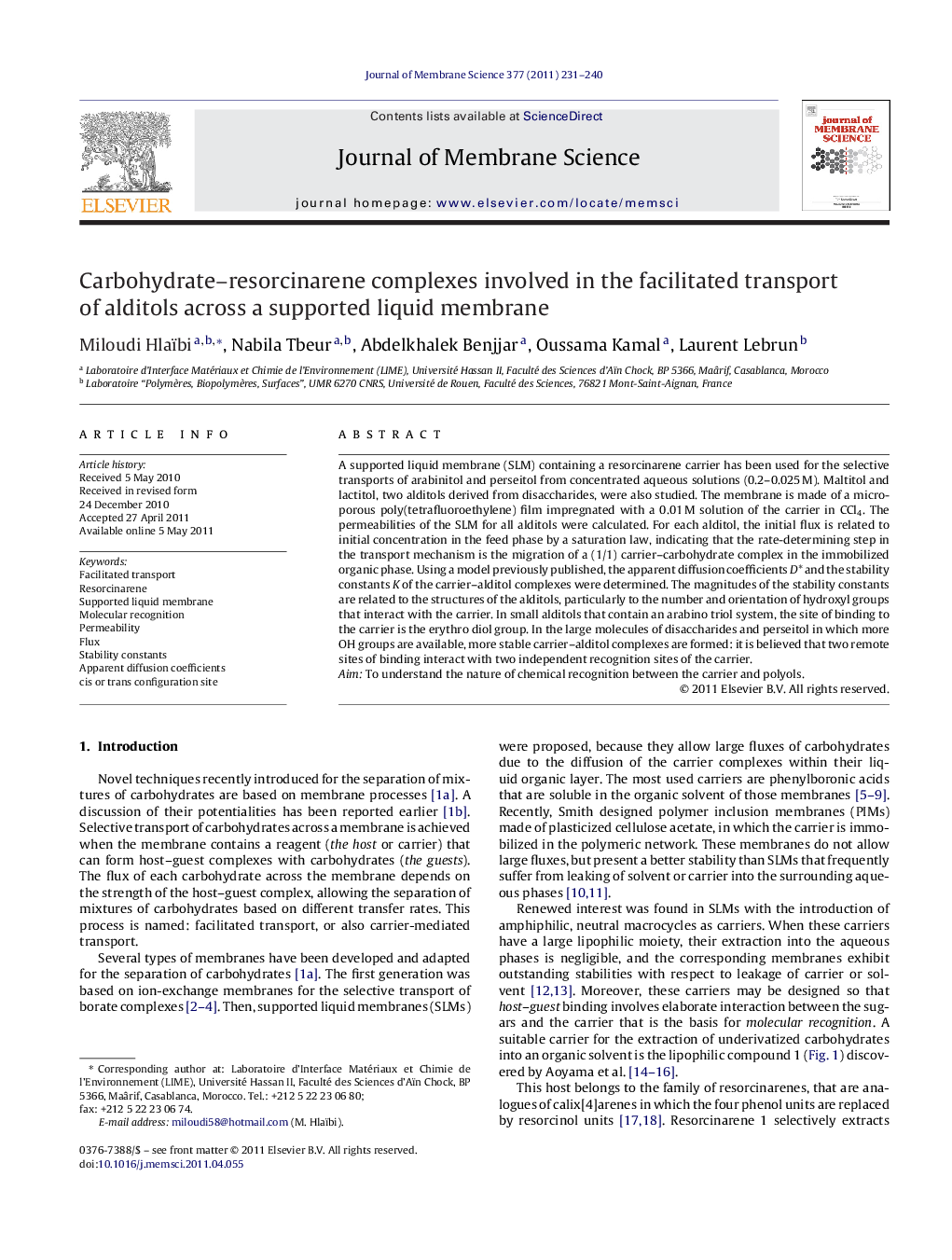 Carbohydrate–resorcinarene complexes involved in the facilitated transport of alditols across a supported liquid membrane