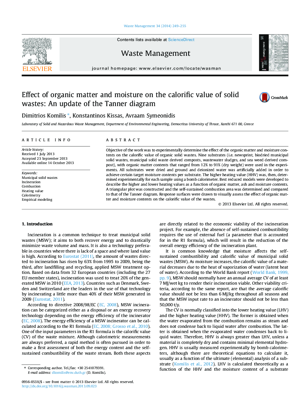 Effect of organic matter and moisture on the calorific value of solid wastes: An update of the Tanner diagram