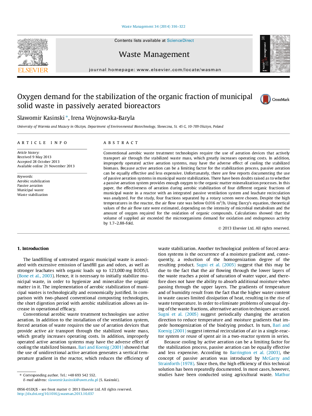 Oxygen demand for the stabilization of the organic fraction of municipal solid waste in passively aerated bioreactors