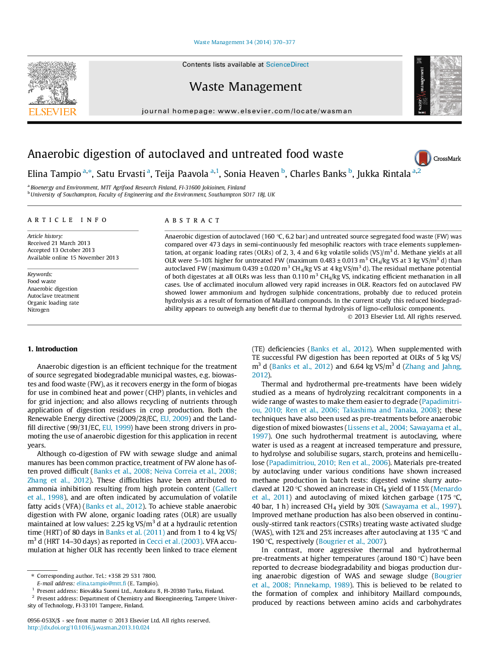 Anaerobic digestion of autoclaved and untreated food waste