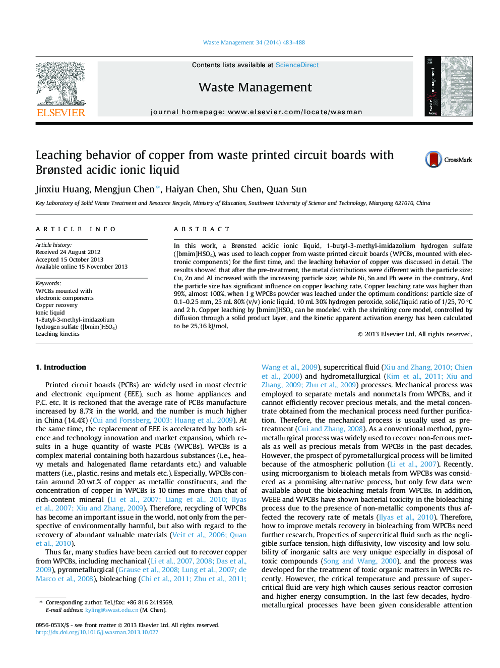 Leaching behavior of copper from waste printed circuit boards with BrÃ¸nsted acidic ionic liquid