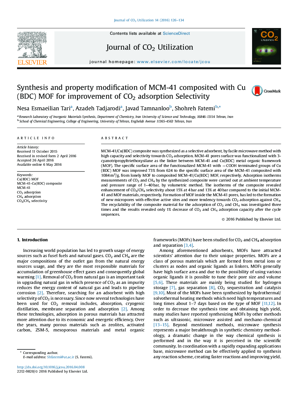 سنتز و اصلاح ویژگی MCM-41 ترکیب شده با مس (BDC) MOF برای بهبود انتخابی جذب CO2 