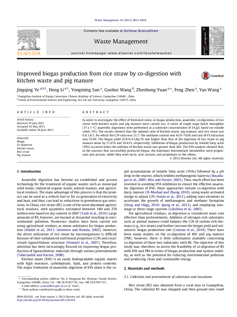 Improved biogas production from rice straw by co-digestion with kitchen waste and pig manure