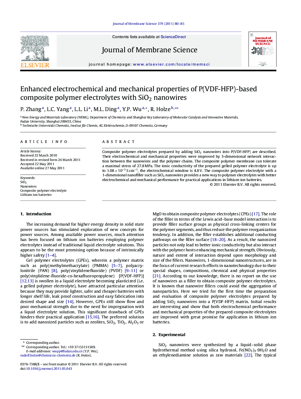 Enhanced electrochemical and mechanical properties of P(VDF-HFP)-based composite polymer electrolytes with SiO2 nanowires