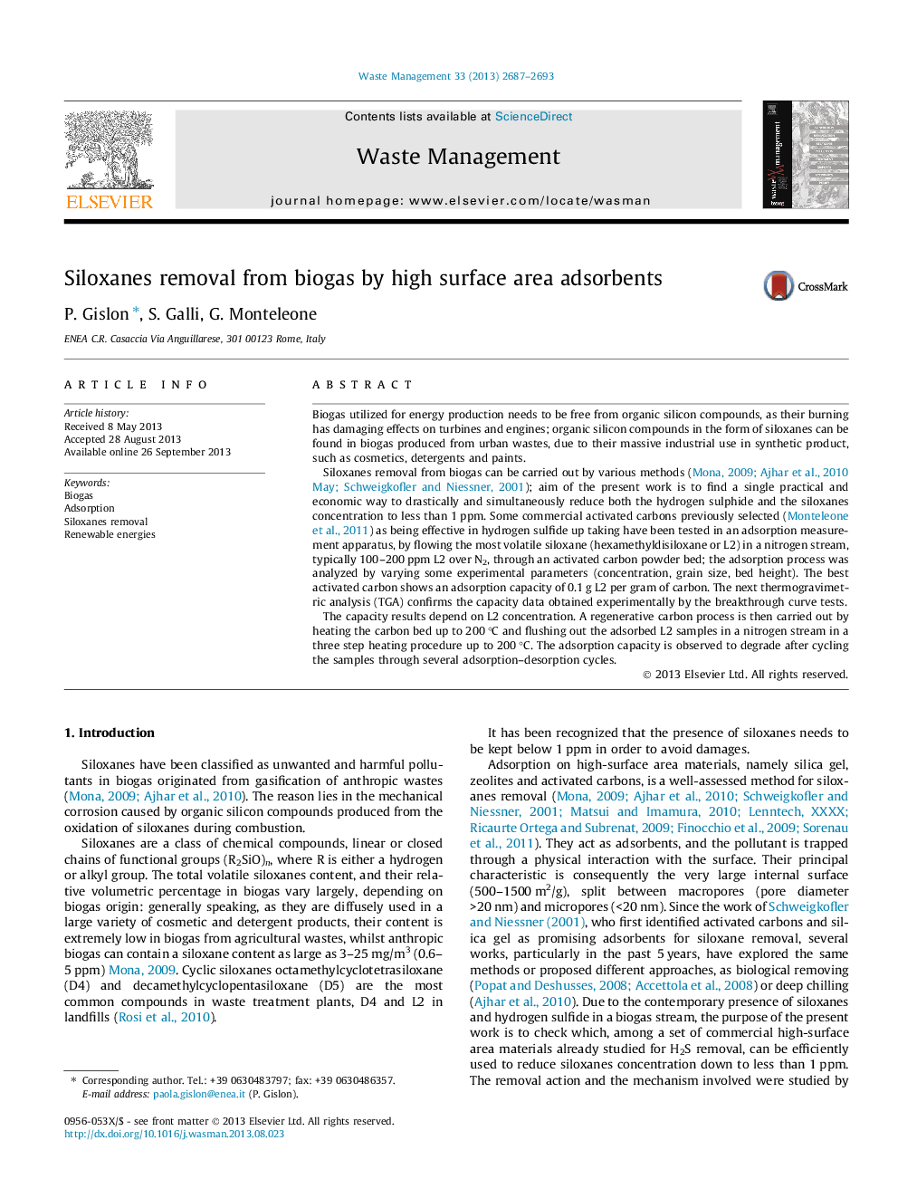 Siloxanes removal from biogas by high surface area adsorbents