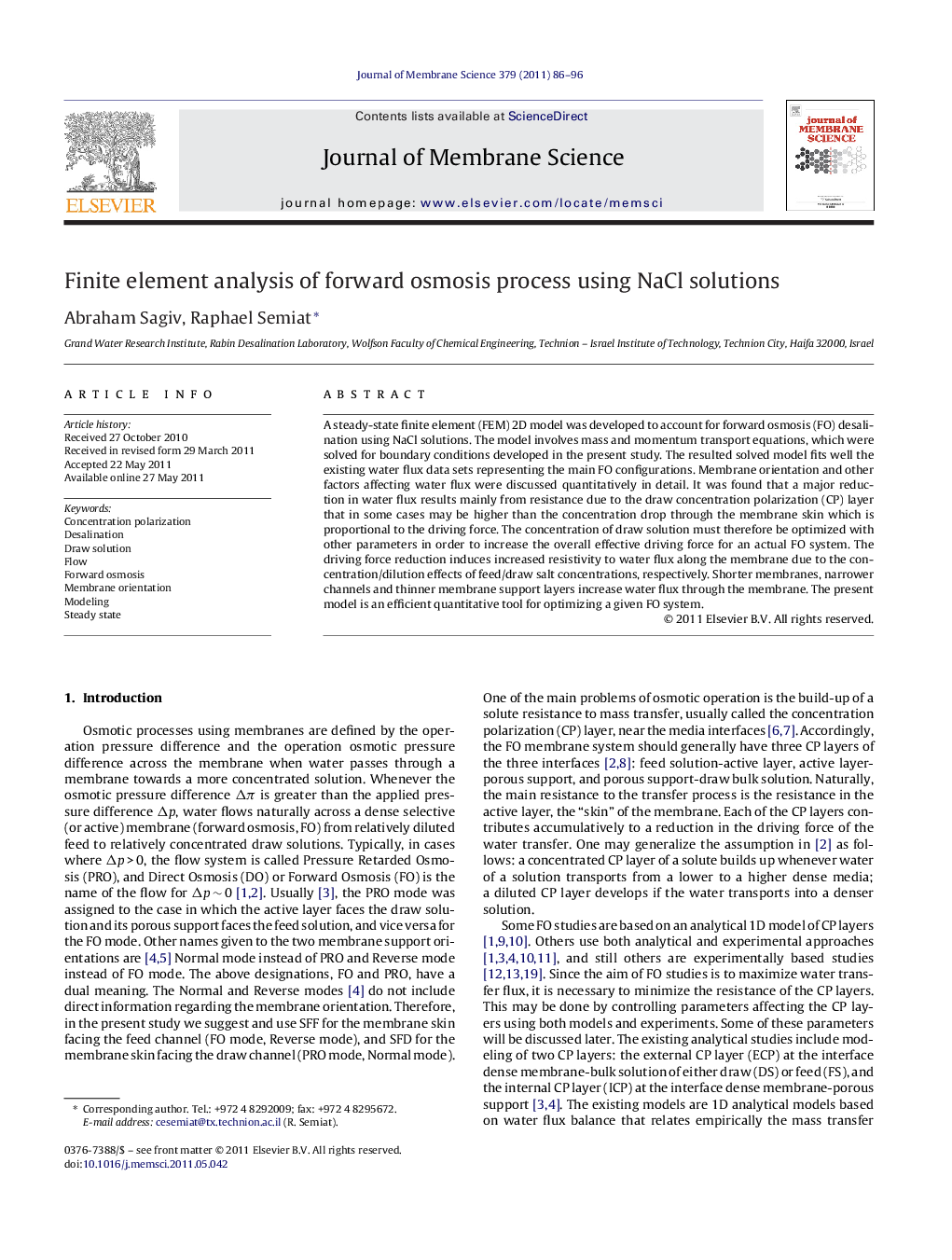 Finite element analysis of forward osmosis process using NaCl solutions