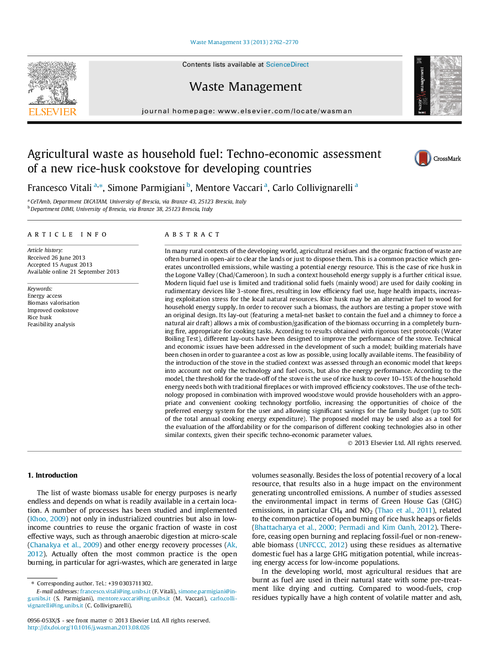 Agricultural waste as household fuel: Techno-economic assessment of a new rice-husk cookstove for developing countries