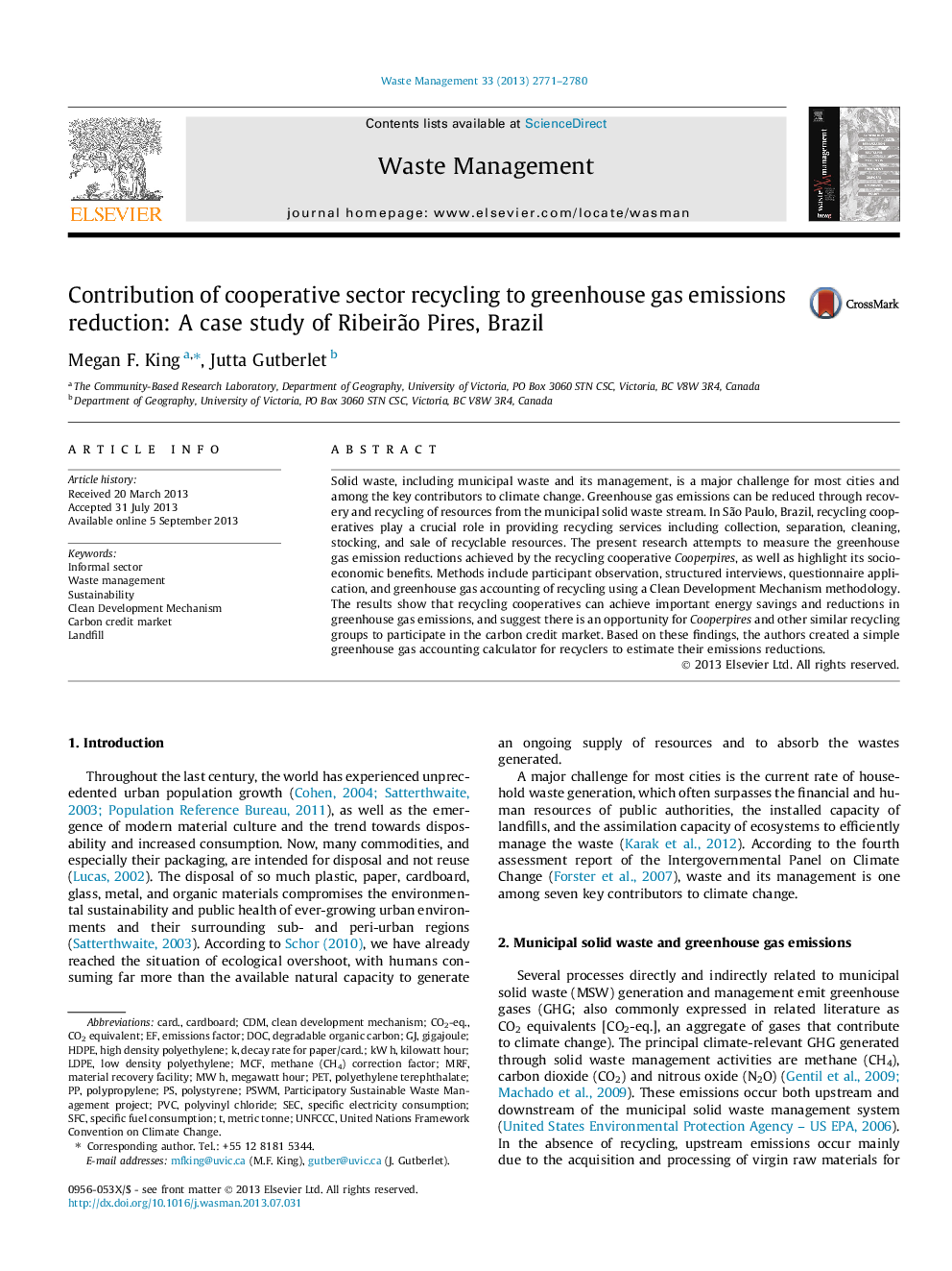 Contribution of cooperative sector recycling to greenhouse gas emissions reduction: A case study of RibeirÃ£o Pires, Brazil