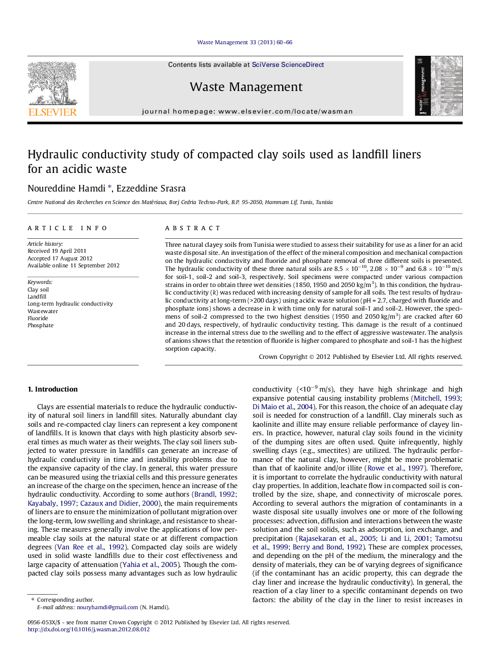 Hydraulic conductivity study of compacted clay soils used as landfill liners for an acidic waste