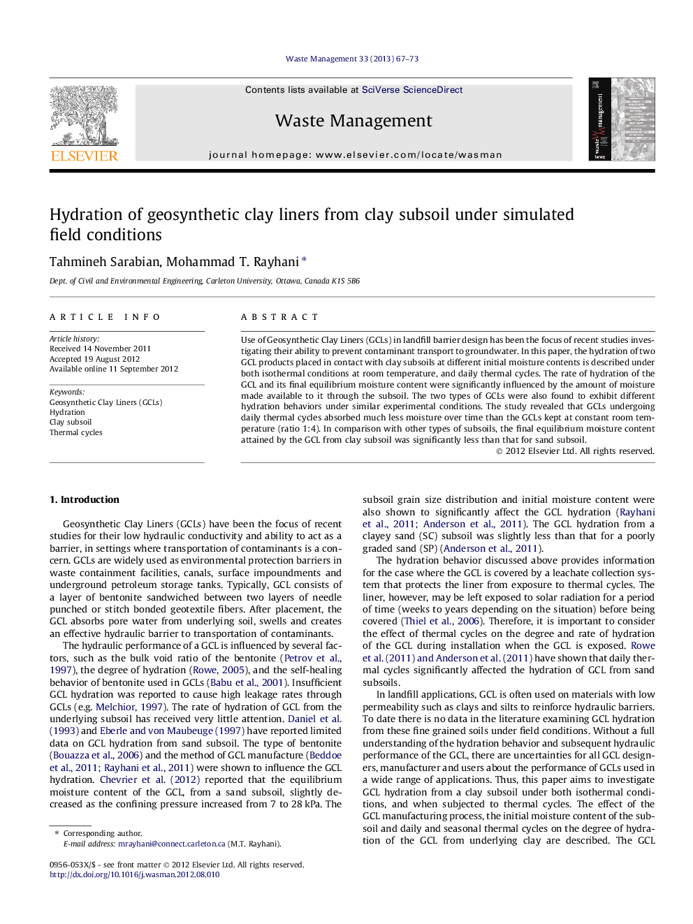 Hydration of geosynthetic clay liners from clay subsoil under simulated field conditions