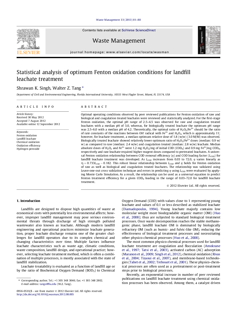 Statistical analysis of optimum Fenton oxidation conditions for landfill leachate treatment