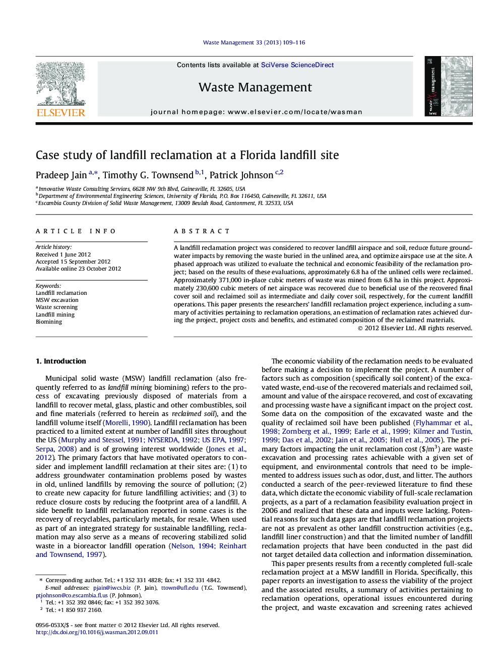 Case study of landfill reclamation at a Florida landfill site