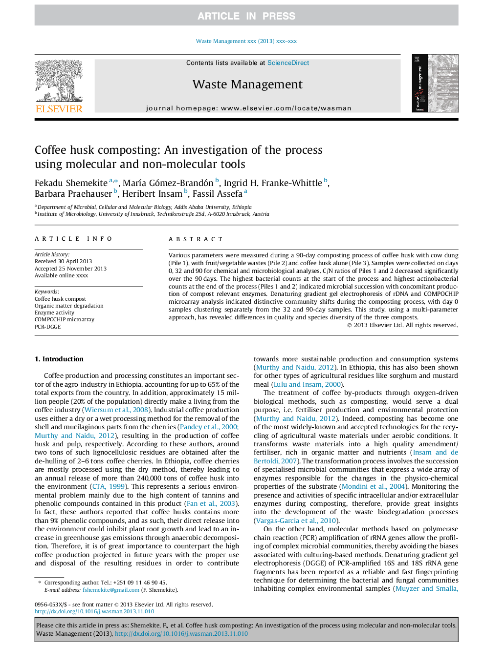 Coffee husk composting: An investigation of the process using molecular and non-molecular tools