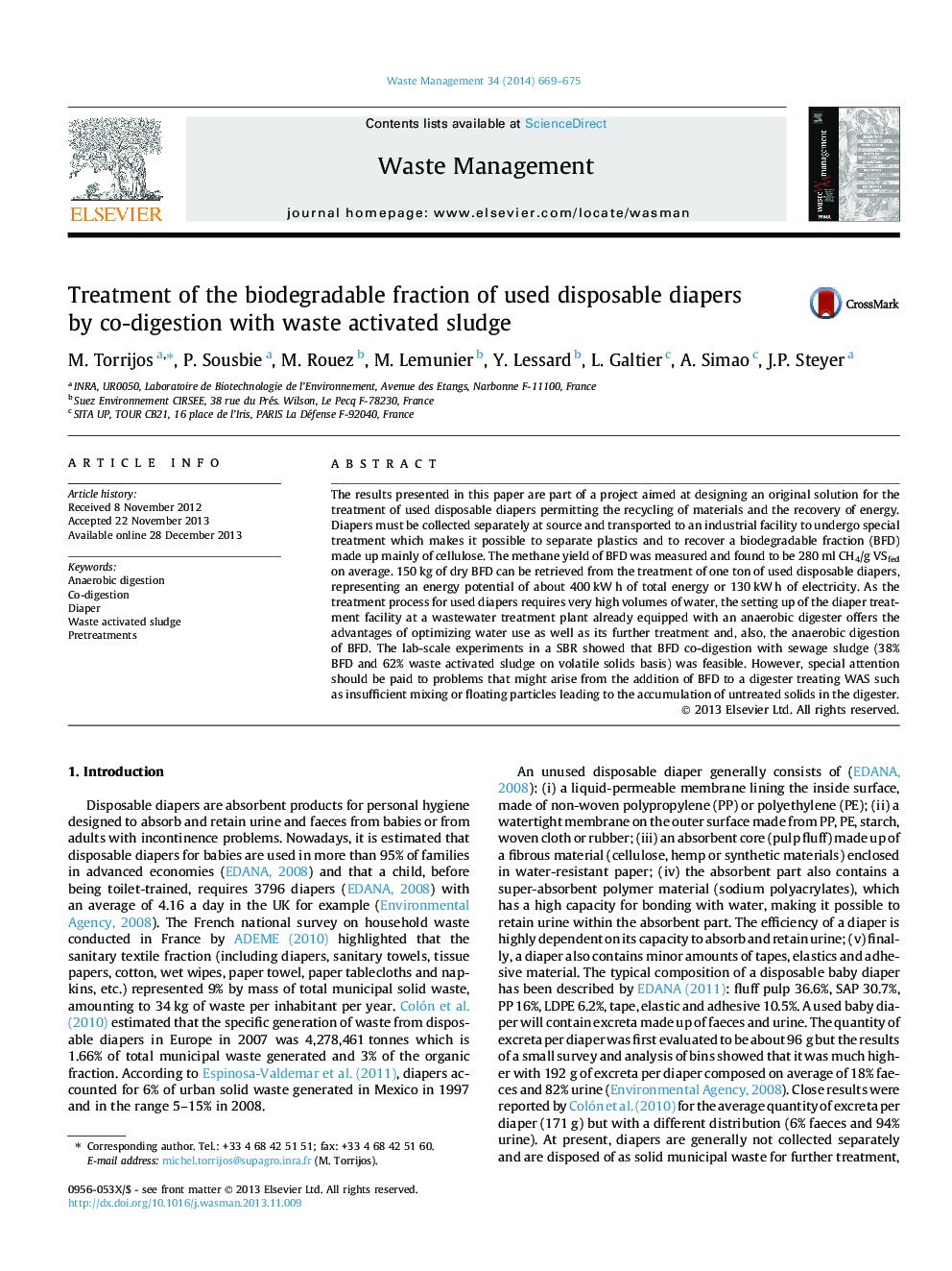 Treatment of the biodegradable fraction of used disposable diapers by co-digestion with waste activated sludge