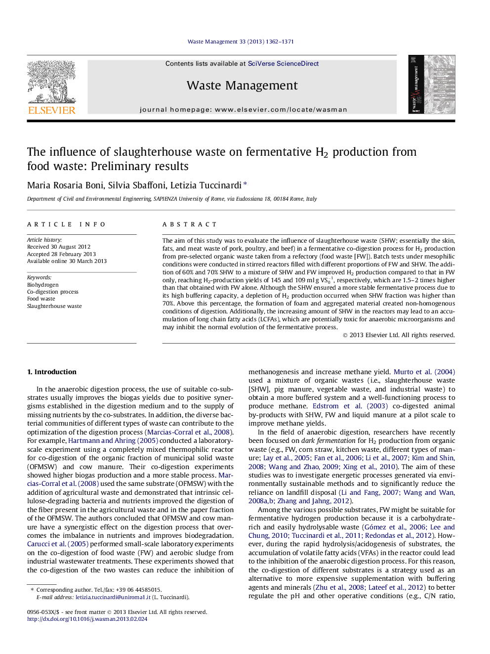 The influence of slaughterhouse waste on fermentative H2 production from food waste: Preliminary results