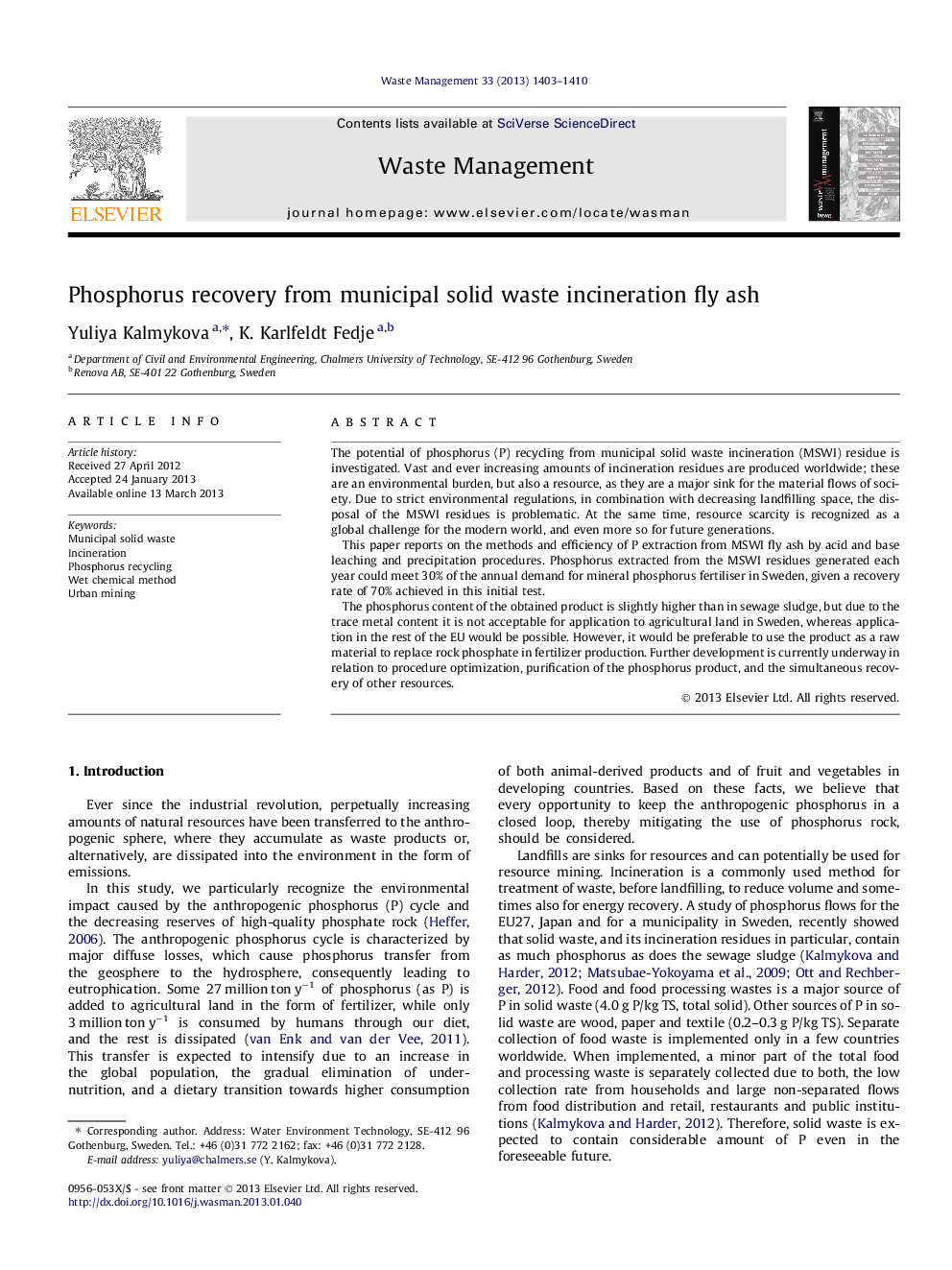 Phosphorus recovery from municipal solid waste incineration fly ash