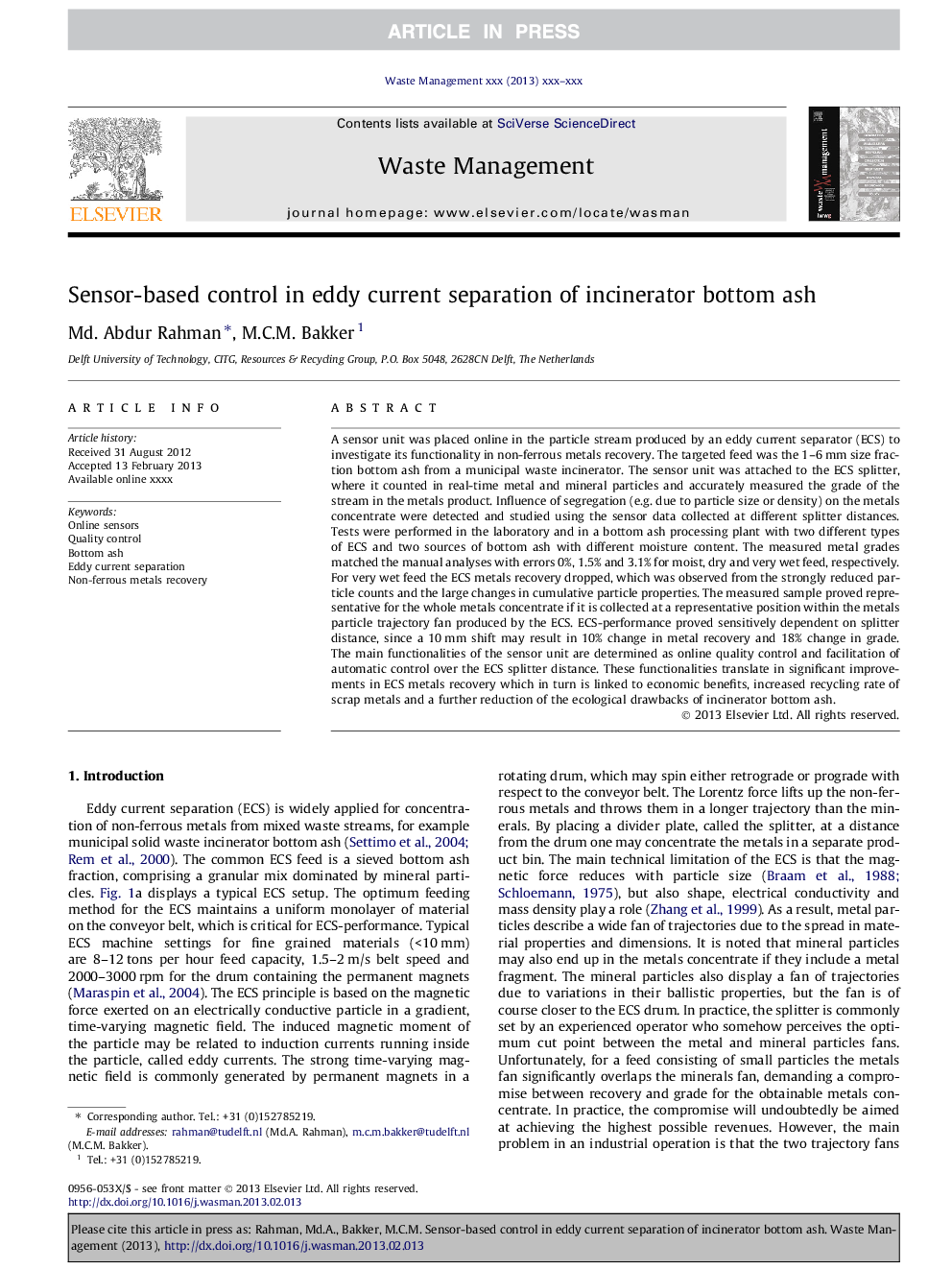 Sensor-based control in eddy current separation of incinerator bottom ash