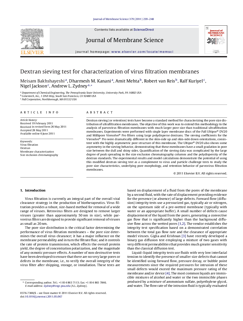 Dextran sieving test for characterization of virus filtration membranes